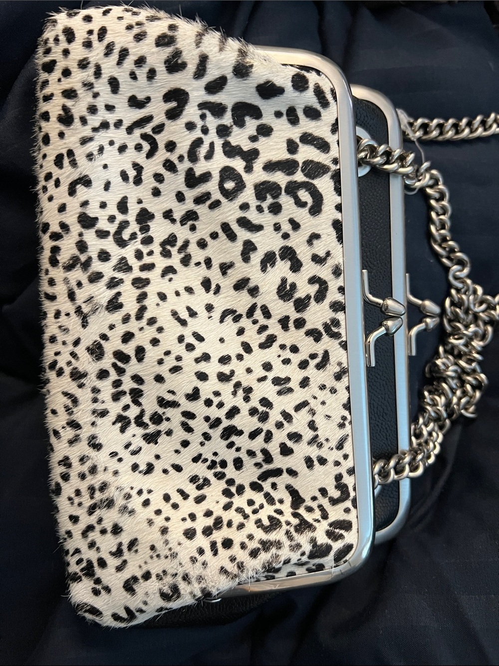Leopard Print Mini Frame Bag with Chain Strap - Black & White - Picture 7 of 7